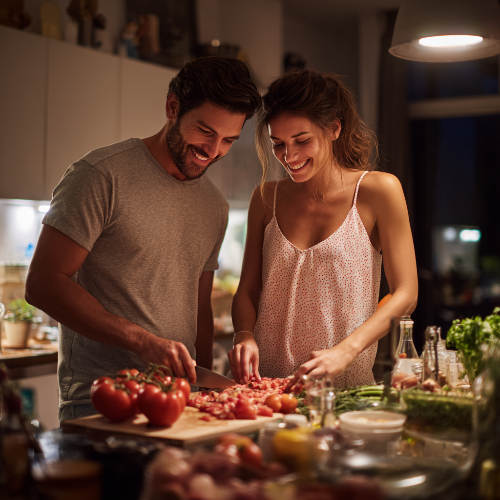 Romanian family of different ages sharing a healthy meal together at a dining table, everyone smiling and engaged in conversation